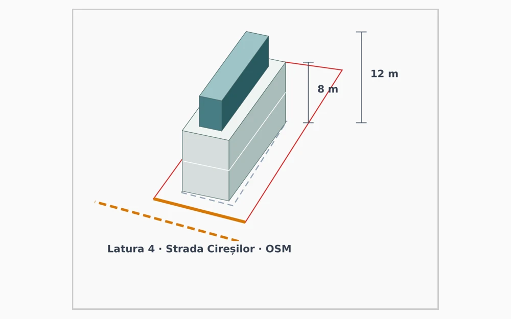 Concept 3D pe parcela 298492 din Cluj-Napoca, cu frontul stradal și înălțimile indicate; ipotezele sunt precizate în raport.