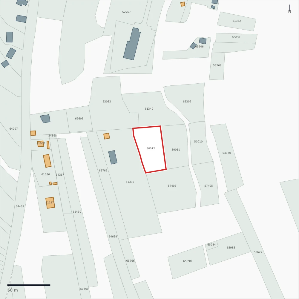 Harta cadastrală a parcelei 50012 din Ciurila; terenul analizat are contur roșu.